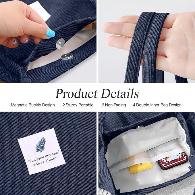 LHMTQVK Corduroy Tote Bags for Women, Large Capacity Tote Purse Reusable Grocery Shoulder Bag with Inner Pockets - Image 4