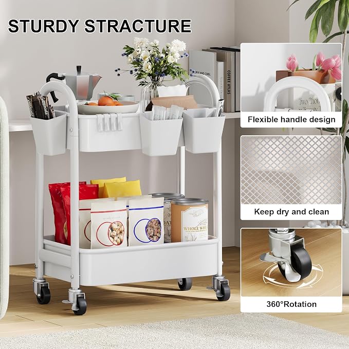 2 Tier Rolling Cart Metal with Wheels,White Under Desk Storage Roller Carts | Two Tiered Short Shelf Trolley, Small Utility Organizer Caddy on Wheels for Dorm, Bathroom, Craft, Art, Baby, Pantry, Snack - Image 7