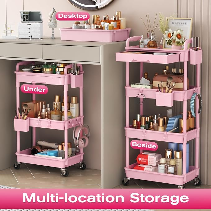 Goovilla Rolling Makeup Organizer Cart with Removable Drawer, 3 Tier Pink | Stable Floor Skincare Storage Cart for Vanity, Cosmetic Display, Nail Polish, Perfume, Hair Stuff, Beauty, Bathroom(Plastic) - Image 6