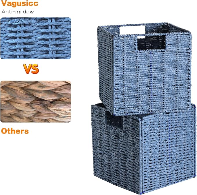 Wicker Storage Basket, Set of 2 Hand-Woven Storage Baskets for Shelves with Handles, Foldable Cube Storage Baskets Bins 11 Inch Large Wicker Baskets for Pantry Decor, Blue(11''x11''x11'') - Image 3