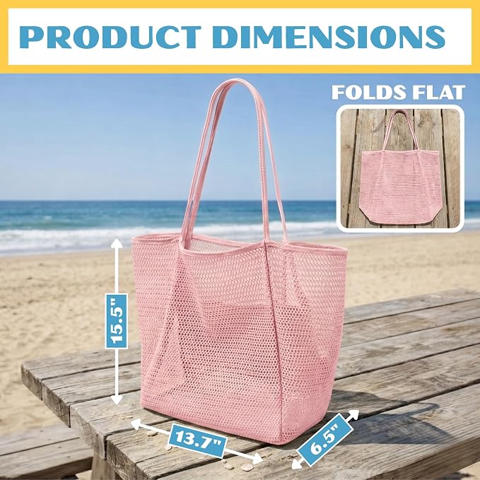 Rave Envy Large Mesh Beach Tote Bag - Waterproof Pool & Travel Beach Bag | Large Capacity | Sturdy Base | Lightweight Foldable Design | Quick-Drying Breathable Fabric | Spacious Multi-Pocket Storage - Image 4