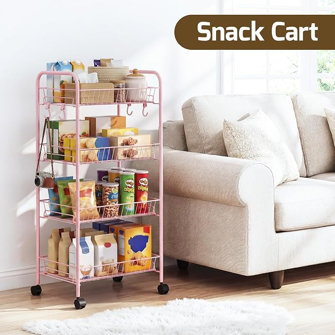 PLKOW 4-Tier Rolling Utility Cart with Detachable Baskets, Pink | 4-tier steel cart with detachable baskets, anti-fall pads, hooks, and 360° wheels for compact home storage - Image 7