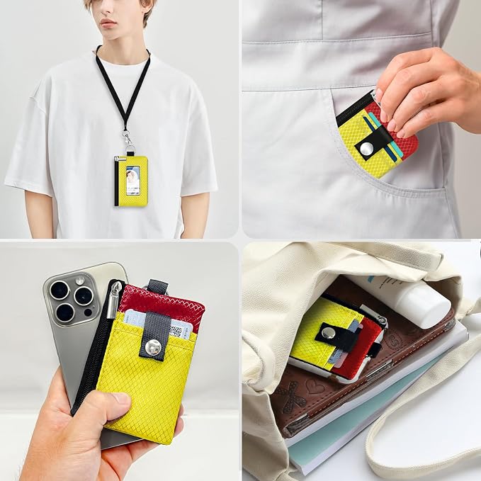 Minimalist RFID Blocking Small Wallet with ID Window,WaterResistant Zip Id Case Wallet with Lanyard Keychain for Cards,Cash,Travel,Women,Men (Lemon Yellow/Red) - Image 9