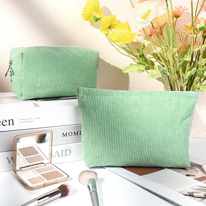 SOIDRAM 2 Pcs Corduroy Makeup Bag Large Cosmetic Bag Toiletry Bag Makeup Pouch Travel Bag Organizer Cute Makeup Brushes Aesthetic Accessories Storage Bag for Women Green - Image 2