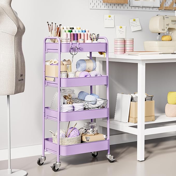 TOOLF 4 Tier Metal Rolling Cart, Utility Storage Cart with Wheels, Purple | Screwless Assembly, Lockable Metal Wheels, Trolley Organizer for Bathroom, Kitchen, Office, Dorm, Laundry, Craft Room - Image 8
