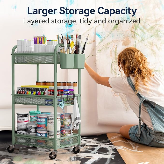 3 Tier Metal Rolling Cart, Green Utility Storage Cart with Wheels | Metal Mesh Craft Cart With Hooks & Hanging Cups, Ideal For Kitchen, Bathroom, Office, Dorm, Art Workspace, Bedside Storage - Image 5