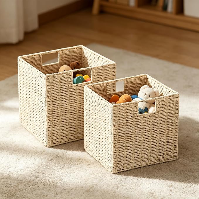 Wicker Storage Basket, Set of 2 Hand-Woven Storage Baskets for Shelves with Handles, Foldable Cube Storage Baskets Bins Organizer, 9 inch Wicker Baskets for Pantry Bedroom Decor, Beige - Image 3