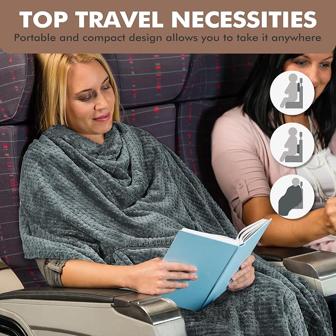Tirrinia Travel Blanket and Pillow Set, Soft Compact Airplane Blanket with Foot Pockets, 4-in-1 Travel Essentials for Women Men, Portable Travel Gifts for Her, Travel Blanket for Airplanes, Cars - Image 3