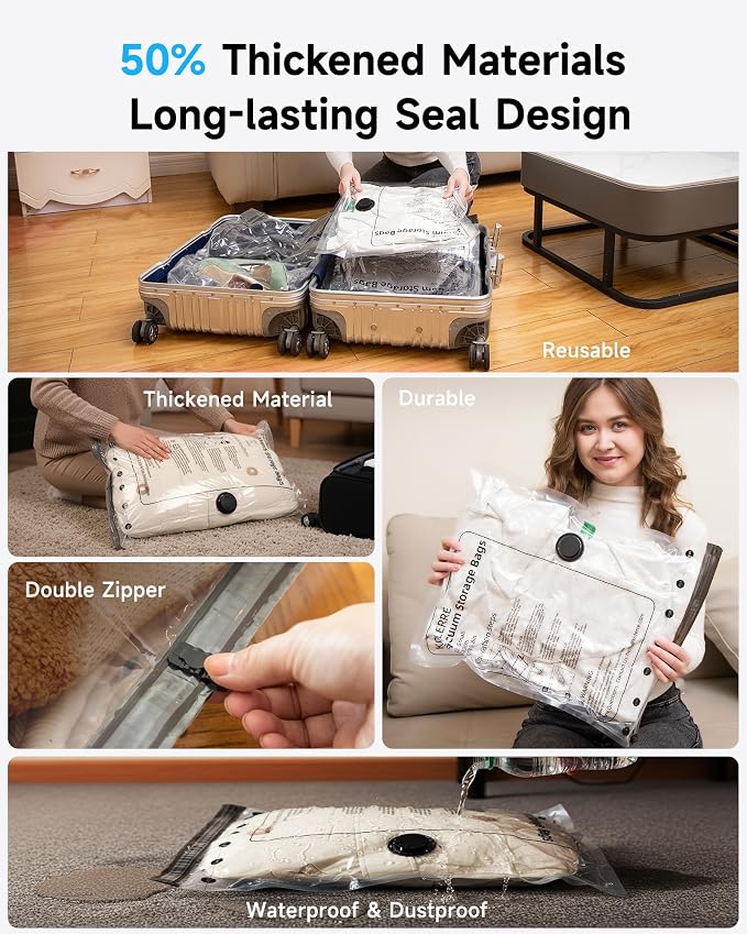 Travel Vacuum Bags with 2026 Lastest Wireless Pump, 8 Pack-4 Sizes Space Saver Vacuum Storage Bags for Luggage and Suitcase, Compression Bags for Packing, Vacuum Seal Bags for Clothing Travel - Image 5