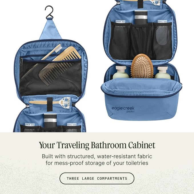 Eagle Creek Pack-It Trifold Toiletry Kit, Blue Dawn | Dopp Kit Toiletry Organizer with Padded Interior, Durable Hanging Hook and Large Compartments, Water-Resistant and Washable - Image 3