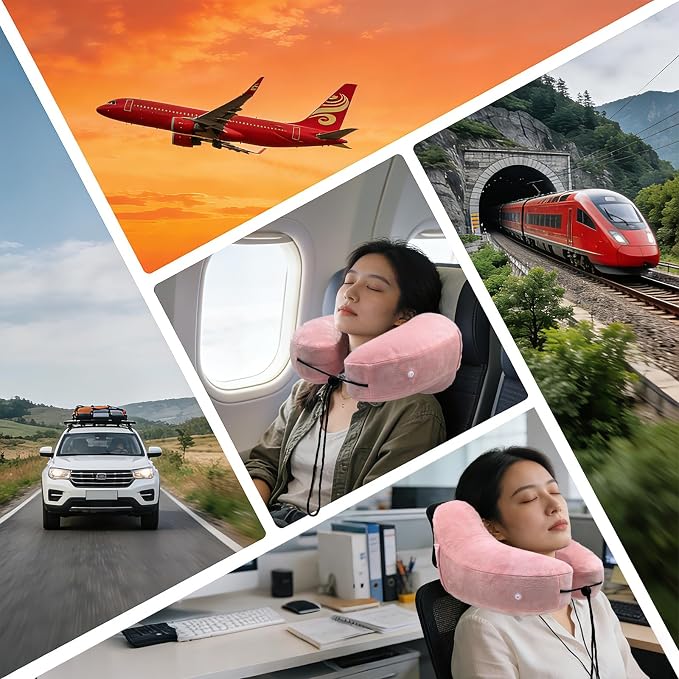 H-Shaped Travel Pillow with Snap-On Hood – Ergonomic Neck Support with Plush Velvet Cover, Instant Inflation & Compact Bag – for Airplane, Car, Office & Long Trips (Pink) - Image 7