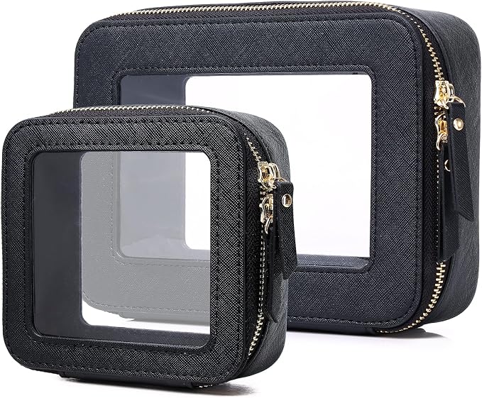 Pinkmik Clear Makeup Bag, (Black, M+MINI) | 2PC,Waterproof, Travel Case for Cosmetics and Toiletries, Women's Purse Organizer, Clear Car Bag with Zipper by Pinkmik