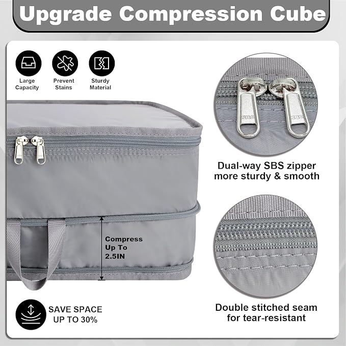 Packing Cubes for Travel Packing Organizers Compression Travel Cubes, Grey | Compression Packing Cubes Luggage Suitcase Organizer Bags Compression Bags for Travel Accessories - Image 2
