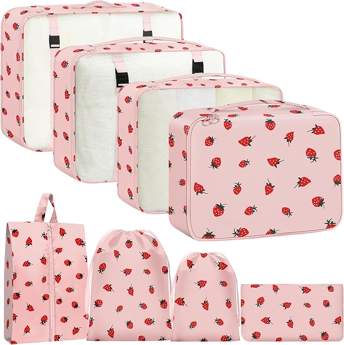 Packing Cubes for Travel - 8 Set Luggage Organizer Bags for Family, Mesh Breathable Packing Cubes for Suitcases Durable Travel Essentials Bags Set (Pink Strawberry) by YEEYAA
