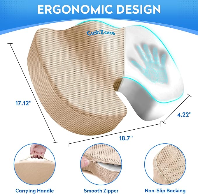 CushZone XXL Memory Foam Seat Cushion for Office & Car, Khaki | U-shaped Coccyx Cutout, Contoured Design, Breathable Removable Mesh Cover, Non-Slip Base, Carry Handle - Image 4