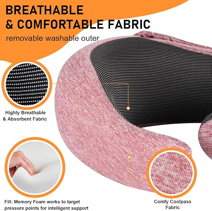 Travel Pillow - Hooded Neck Pillow Airplane Memory Foam Filling | for Plane, Office, Cars Sleeping, Road Trip, Long Flights Essentials, Includes Eye Mask & Earplugs (Red) - Image 4