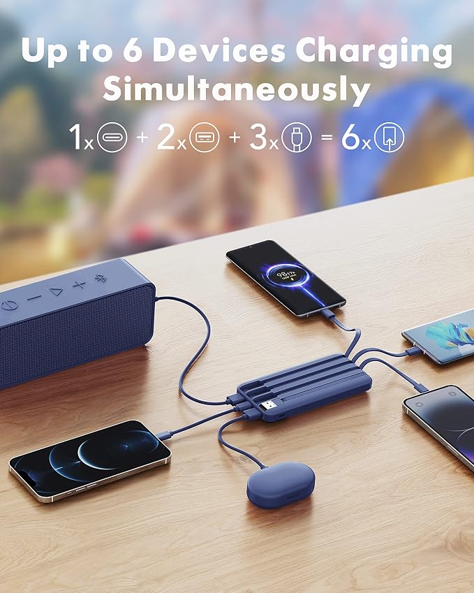 charmast Portable Charger Power Bank with Reinforced Built-in 4 Cables | 10000mAh,6 Outputs 3 Inputs,Travel Essentials,Carry-on Only,3A Fast Charging Portable Phone Charger for iPhone Samsung Pixel - Image 3