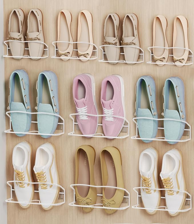 10Pack Wall Mounted Shoe Rack with Sticky Hanging Strips (White) | Very Easy to Install no Need to Drill Hanging Shoe Organizer, for RV, Door,Entryway, Bathroom, Living Room, Mud Room, Laundry by PrimZootyDesign
