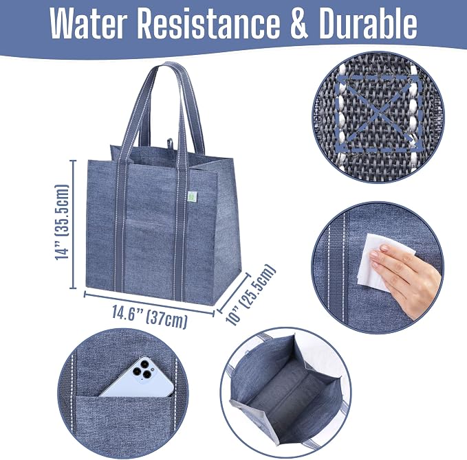 VENO 4 Pack Large Grocery Bag Reusable Shopping Bags with Hard Bottom | Utility Tote with Reinforced Handles, Heavy Duty, Foldable, Stand Upright, for Groceries Shopping Cart Storage(Gray, 4 Pack) - Image 3