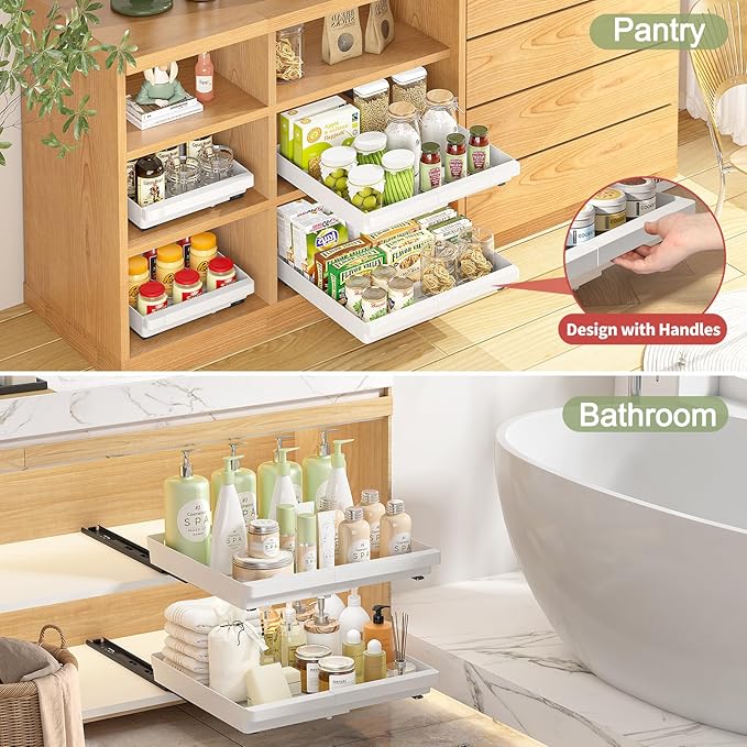 DOMNIU Pull Out Cabinet Organizers Expandable,White,20.8"Depth,2 Pack | Slide Out Drawers for Kitchen, Bathroom, Pantry, Under Sink Storage, Fixed with Adhesive Nano Film (13''-19'') - Image 4