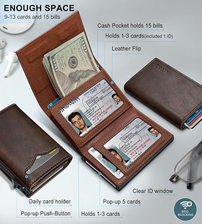 Wallet for Men,with Cash Pocket 2 ID Window 9-13 Cards,Metal Case Smart Slim Pop Up Credit Card Holder Flip with Magnetic Closure RFID Blocking Trifold wallet with Gift Box - Image 2