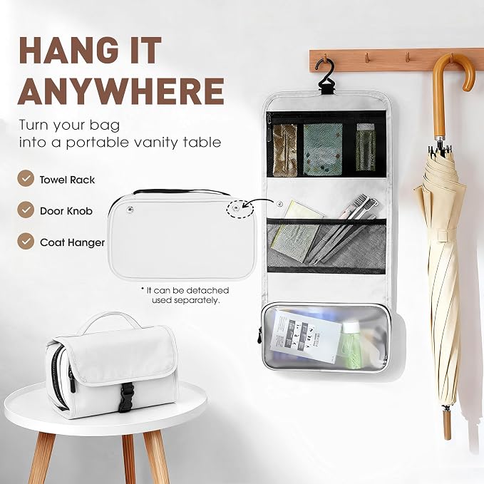 Toncoke Travel Toiletry Bag Set, Hanging Toiletry Bag Premium Faux Leather, Toiletry Bag for Women & Men, Travel Essentials Makeup Bag Water-resistant (Faux Leather White) - Image 2
