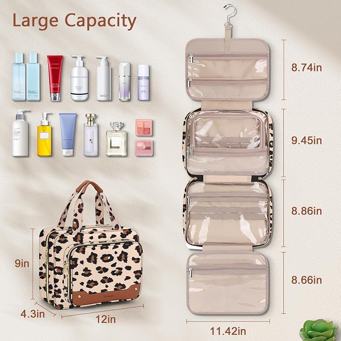 Toiletry Bag for Women, Hanging Travel Toiletry Bag with Jewelry Organizer Compartment Large Makeup Bag, PVC Waterproof Cosmetic Travel Bag Trips Camping Bathroom, Leopard Print - Image 4