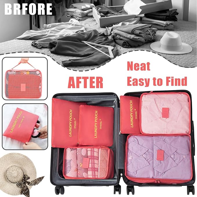 6 Set Packing Cubes for Travel Luggage Organizer Bags Reusable washable Suitcase Packing Cubes Set Travel Accessories Essentials (Watermelon Red‌) - Image 6