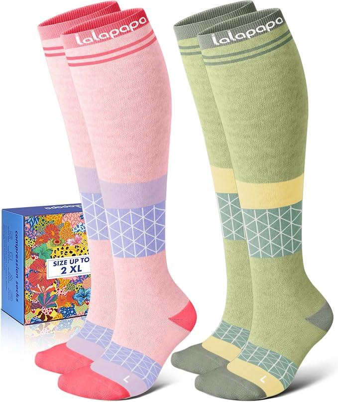 Thick Soft Cotton Compression Socks | 2 Pairs 15-20mmHg Cushioned Soft Breathable Comfortable Knee High Compression Socks for Women Men, Pregnancy Travel Nurse by Lalapapa