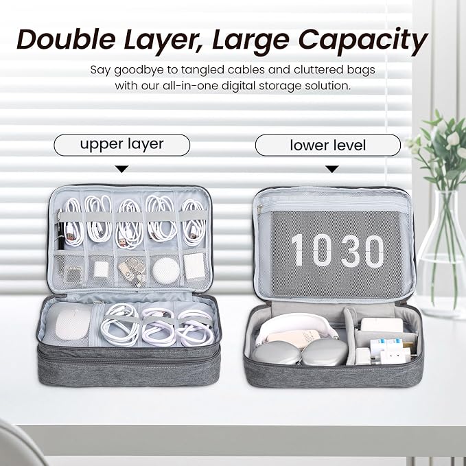 Electronic Organizer Travel Case, Double Layer Cable Organizer Bag | Double-layer design with adjustable dividers, mesh pockets and elastic loops for chargers, cables, power banks and gadgets - Image 4