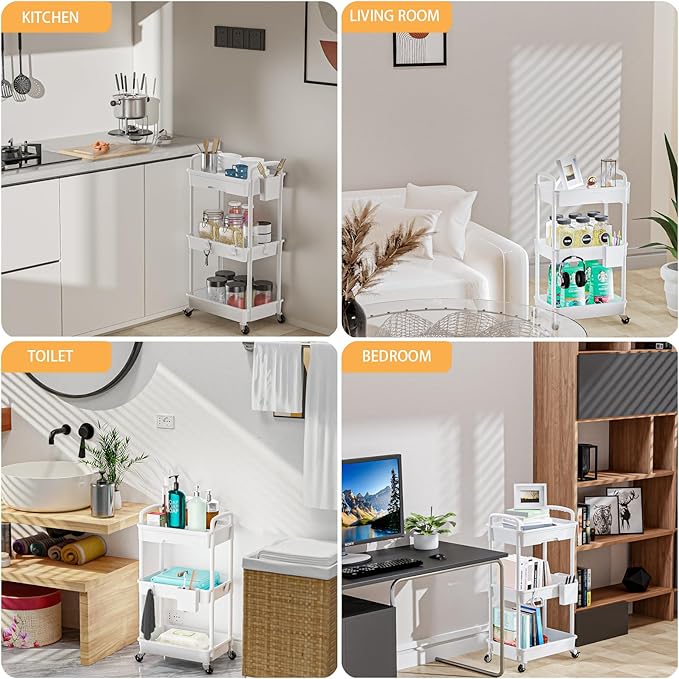 3 Tier Rolling Utility Cart with Drawer,REBECAT Utility Cart Made of Multifunctional Storage Organizer Tool for Kitchen,Bathroom,Living Room,Office(White) - Image 6
