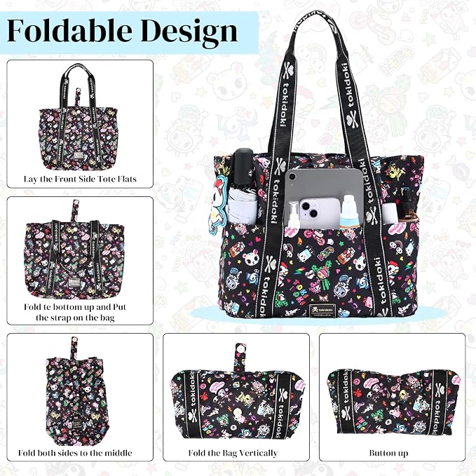 tokidoki Unicorno Foldable Tote Bag for Women, Canvas Tote Bags with Doll Portable Shoulder Handbag for school Work Travel - Image 5