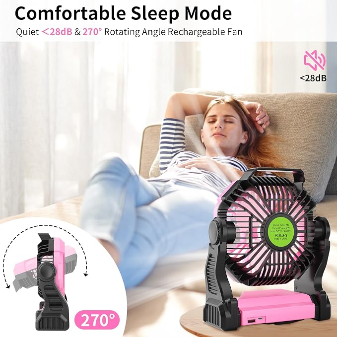 Portable Fan Rechargeable Camping Tent Fan Rechargeable Essentials | 20000mAh Cordless Battery Powered Operated Fan Camping Fan with Light, USB Rechargeable Desk Fan Portable for Travel X23 Pink - Image 3