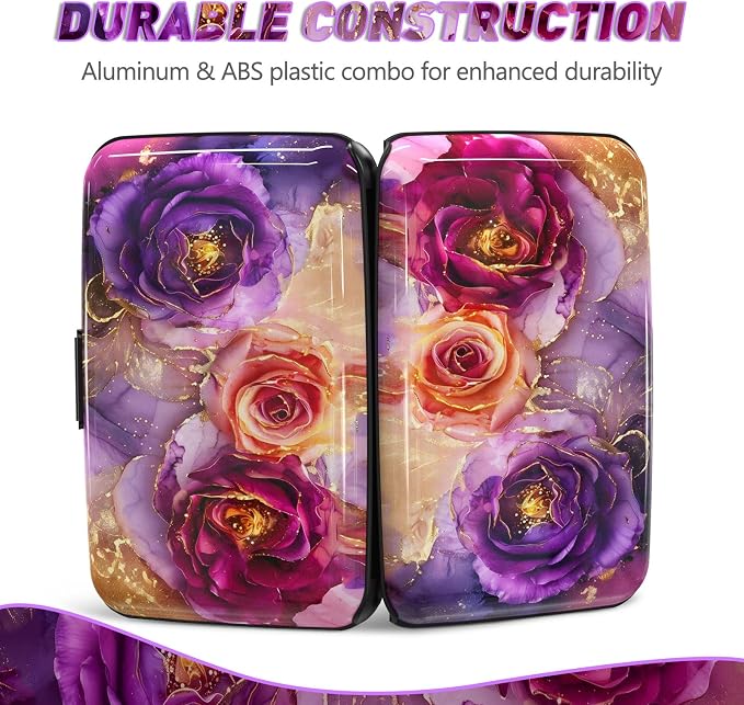 Credit Card Holder, Business Card Case Mini RFID Small Aluminum Card Wallet | Blocking Slim Metal RFID Blocking Front Pocket Wallet Hard Case Durable CC Holder for Women Girl, Purple Marble Flower - Image 5