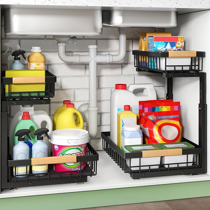 Kitstorack Under Sink Organizer, 2 Tier Under the Sink Storage, Slide out Pull out Cabinet Organizer Shelf, Metal Sliding Drawer for Kitchen Bathroom Pantry Closet Organization Rack, Black, 1 Pack by Kitstorack