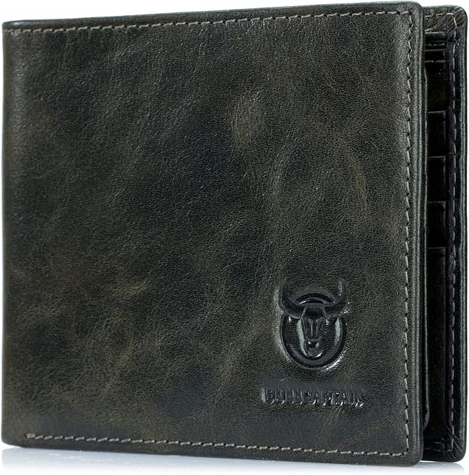 BULLCAPTAIN RFID Wallets for Men,Genuine Leather Wallet QB-05（Forest Green | Slim,Bifold,Front Pocket Wallet, 2 ID Windows,11 Card Slots,RFID Blocking TechnologyGift Choice by Bullcaptain