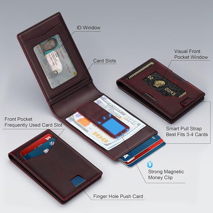 Slim Genuine Leather Wallet: Thin RFID Wallet 12+ Card Hold | Top Grain Leather Wallet with Magnetic Money Clip Inside - Minimalist Front Pocket Wallets - Gifts for Men with Gift Box - Image 2