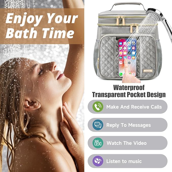 Large Leather Toiletry Bag for Women Men,Bathroom Bag,Water Resistant Shower Bag,Makeup Bag,Portable Shower Caddy for College Dorm,Hanging Travel Toiletry Bag with Transparent Waterproof Phone Pocket - Image 3