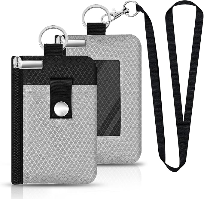 Minimalist RFID Blocking Small Wallet with ID Window,WaterResistant Zip Id Case Wallet with Lanyard Keychain for Cards,Cash,Travel,Women,Men (Light gray/Black) - Image 3