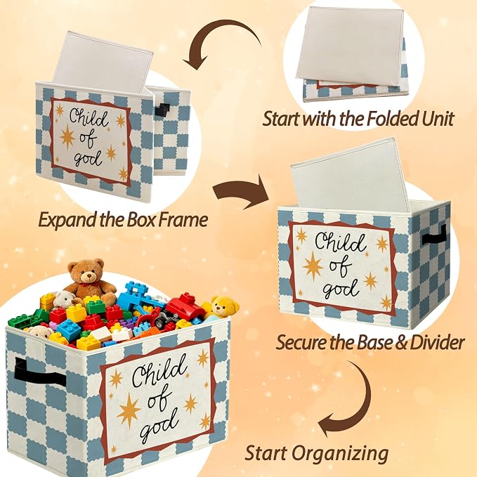 Christian Religious Cheerful Storage Bins Box with Handles Organizer Basket | farmhouse faith foldable basket for organizing, stars gingham collapsible toys clothes for playroom nursery bedroom, 10x14 in - Image 6