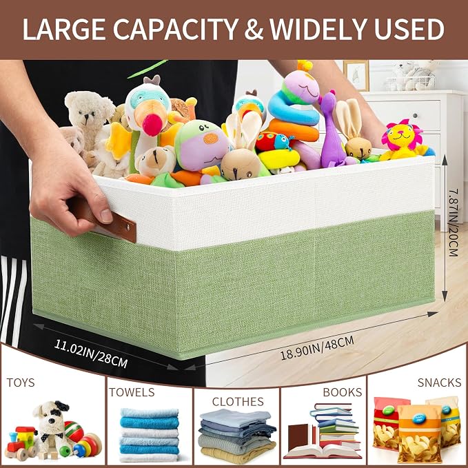 3 Pack Large Capacity Storage Bins Closet Organizer for Shelves | Fabric Closet Storage Baskets Boxes with Leather Handles for Organizing Clothes, Sheets, Jeans, Toys, Books (Green) - Image 3