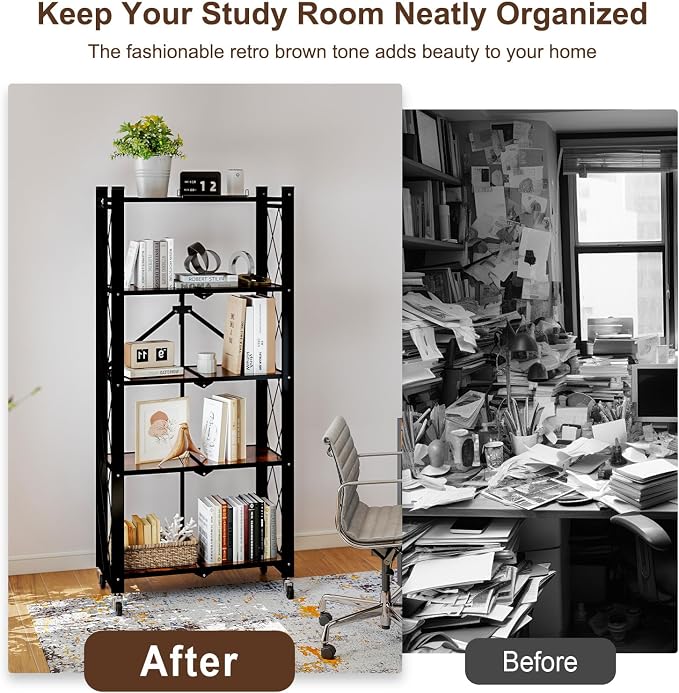 5 Tier Folding Shelf with Wheels, Wood and Metal Bookshelf | No Assembly Foldable Storage Shelves, Vintage Storage Rack for Living Room, Bedroom, and Home Office - Image 5