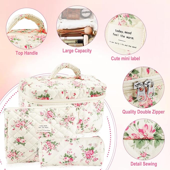 URSKYTOUS 3Pcs Cotton Quilted Makeup Bag for Women Girls Large Small Travel Pink Floral Cosmetic Bags Set Cute Coquette Makeup Pouch for Purse Aesthetic Cloth Flower Storage Toiletry Bag Organizer - Image 3