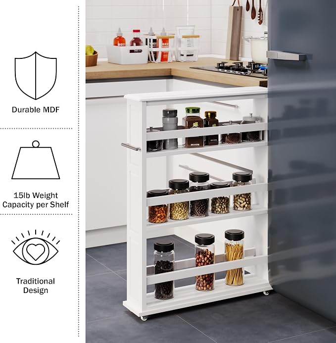 Lavish Home 3 Tier Slim Utility Rolling Storage Cart, White, 25”W x 5.7”D | Narrow Rolling Cart Storage Organizer with Handle and Wheels for Bathroom, Laundry Room, and Kitchen, Pull-Out Home Organizer - Image 4