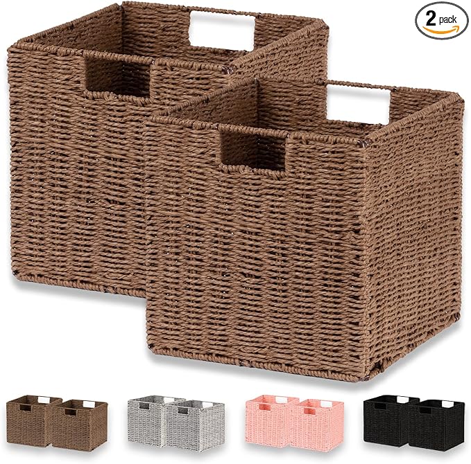 Wicker Basket, Set of 2 Hand-Woven Paper Rope Storage Baskets for Organizing, Foldable Cubby Storage Bins, 11 Inch Large Wicker Storage Basket, Square Baskets Cube Storage Organizer, Brown by Vagusicc