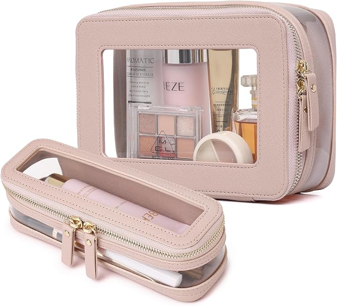 Pinkmik Clear Makeup Bag with Brush Case, (Pink, M+SLIM-1) | 2PC,Travel Toiletry Bag, Waterproof, Cosmetic Organizer, Car Essentials for Women by Pinkmik