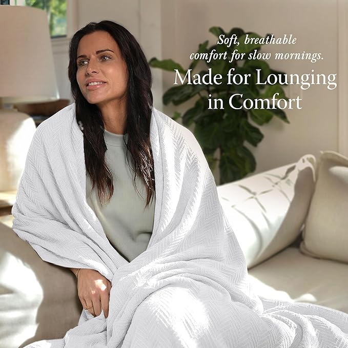 Threadmill Cotton Queen Blanket, Herringbone, White, All-Season Breathable | 100% Cotton, Herringbone Pattern, 90x92 in, Breathable, All-Season, OEKO-TEX Certified, Machine Washable - Image 3