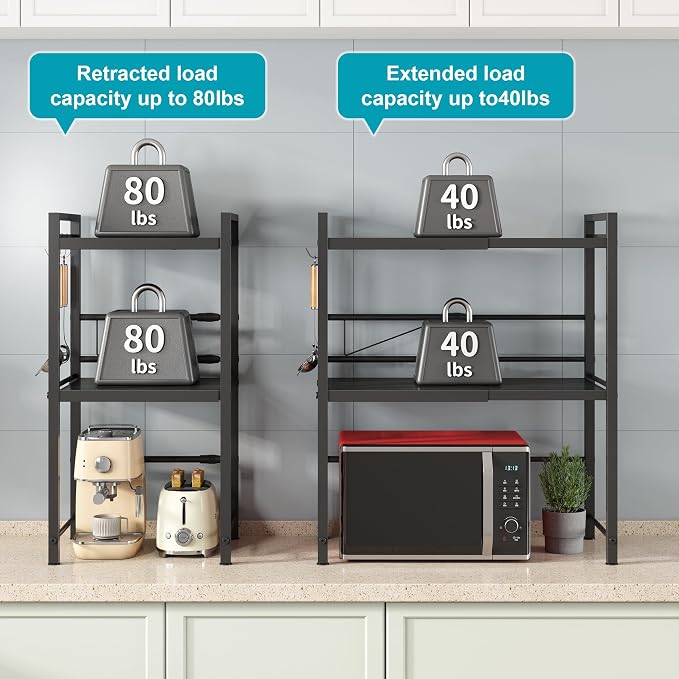 DOLALIKE Microwave Oven Rack, Expandable Microwave Stand Countertop Kitchen Utensils Tableware Storage, Carbon Steel Over Microwave Shelf Countertop with 3 Hooks | Adjustable Microwave Oven Rack Metal Storage Shelf with 3 Hooks for Pans Small Appliance... - Image 6