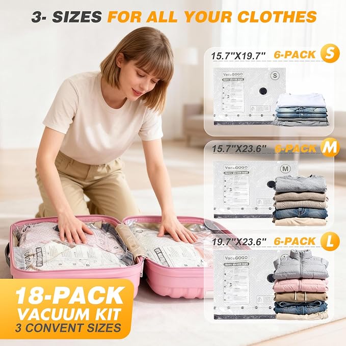 Vacuum Bags for Travel with Rechargeable Pump, 18 Pack Compression Packing Bags with 35KPA Electric Pump, 80% Space Saver for Clothes, Vacuum Seal Bags fo Carry-on Luggage Suitcase - Image 6