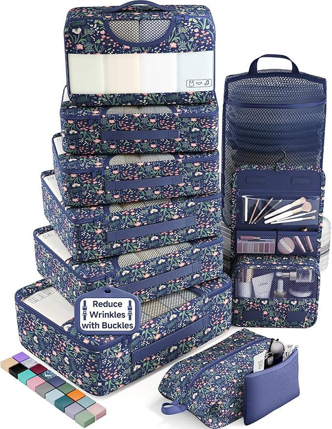 Veken 10 Set Packing Cubes for Travel Essentials,Anti-Wrinkle Buckled Suitcase Organizer for Shoe & Toiletry Bag,Carry On Luggage Bag with 99+ Count Mesh Holes for Airplane & College Dorm Accessories by Veken